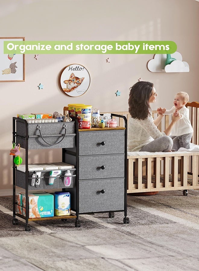 WALALLA 2-in-1 Baby Diaper Caddy & Nursery Organizer, 3-Tier Rolling Cart with Dividers, Drawers & Wheels, Large Capacity Mobile Storage for Baby Essentials, Easy Assembly, Gray - Image 4